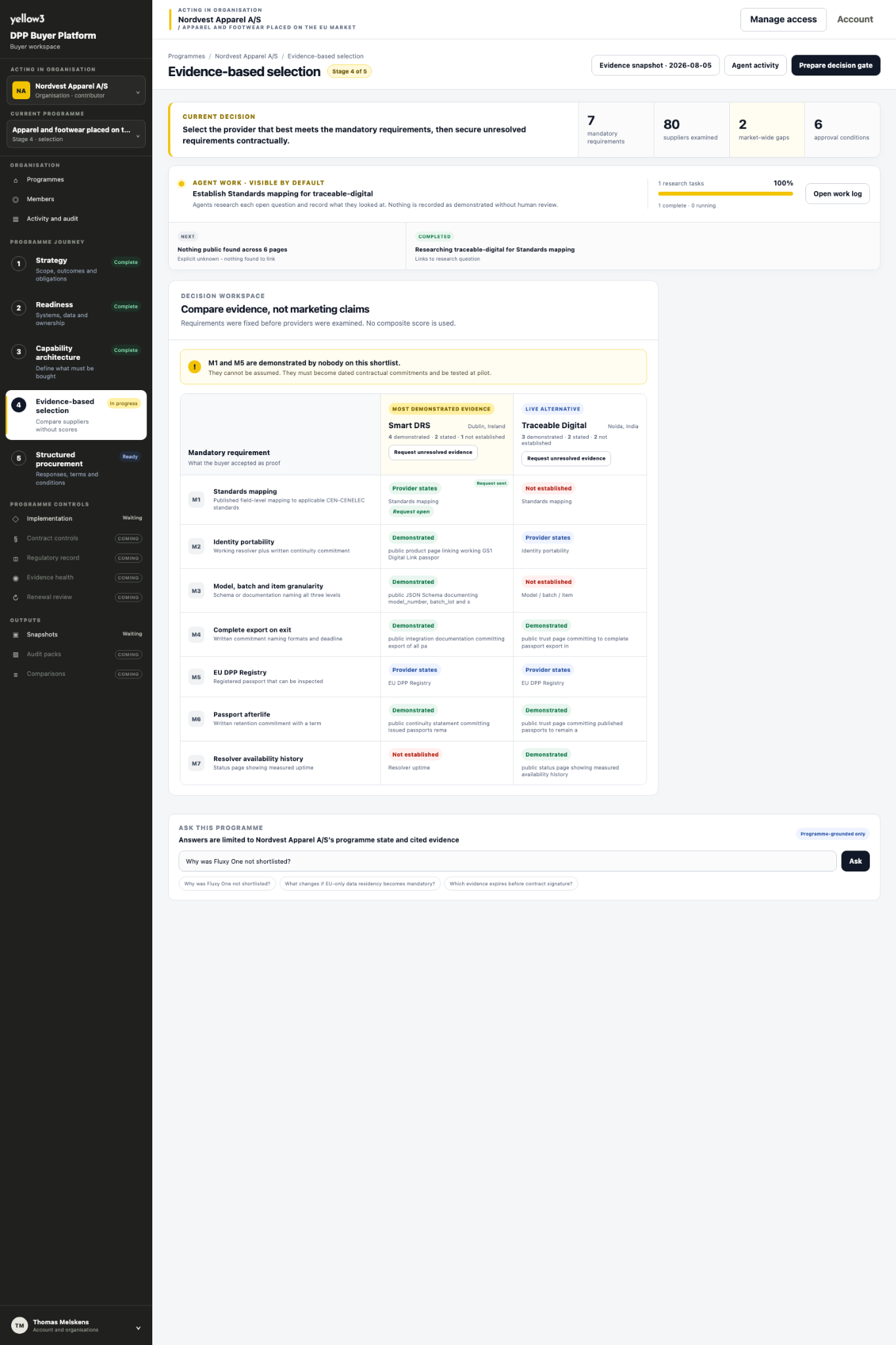 Real yellow3 DPP Buyer Platform evidence-based selection workspace