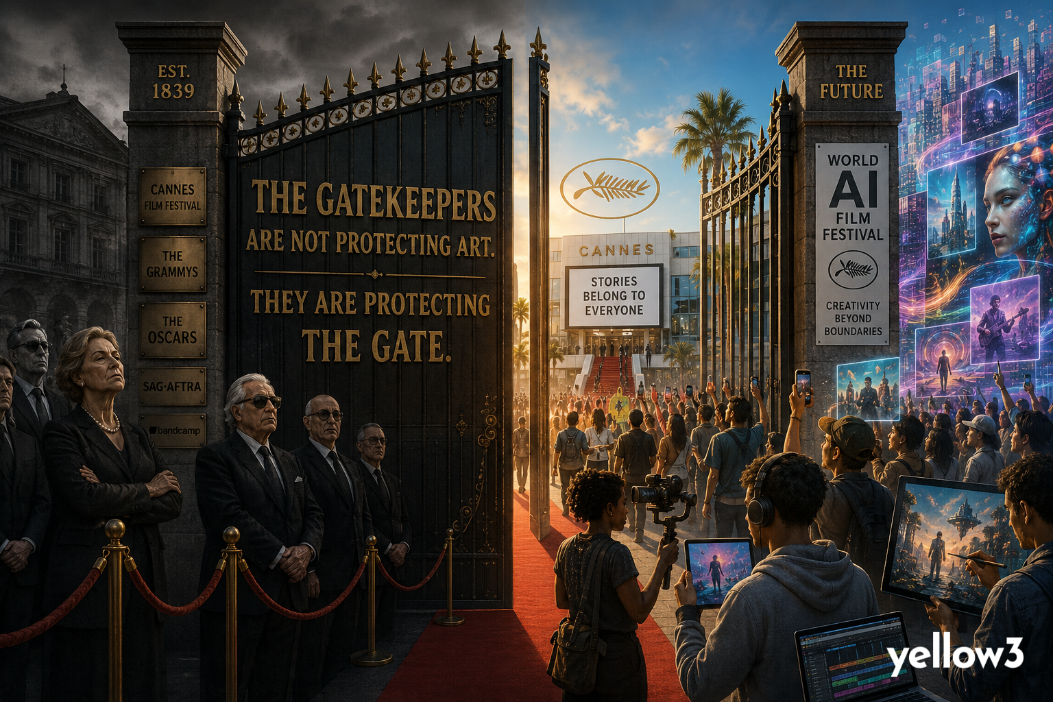 A split scene at a film festival gate. On the left, stern institutional figures in black stand behind closed iron gates inscribed with the words "The gatekeepers are not protecting art. They are protecting the gate," with brass plaques naming Cannes, the Grammys, the Oscars, SAG-AFTRA and Bandcamp. On the right, a diverse young crowd streams through the open gate carrying cameras, laptops and tablets, beneath a marquee reading "Stories belong to everyone" and a banner for the World AI Film Festival.