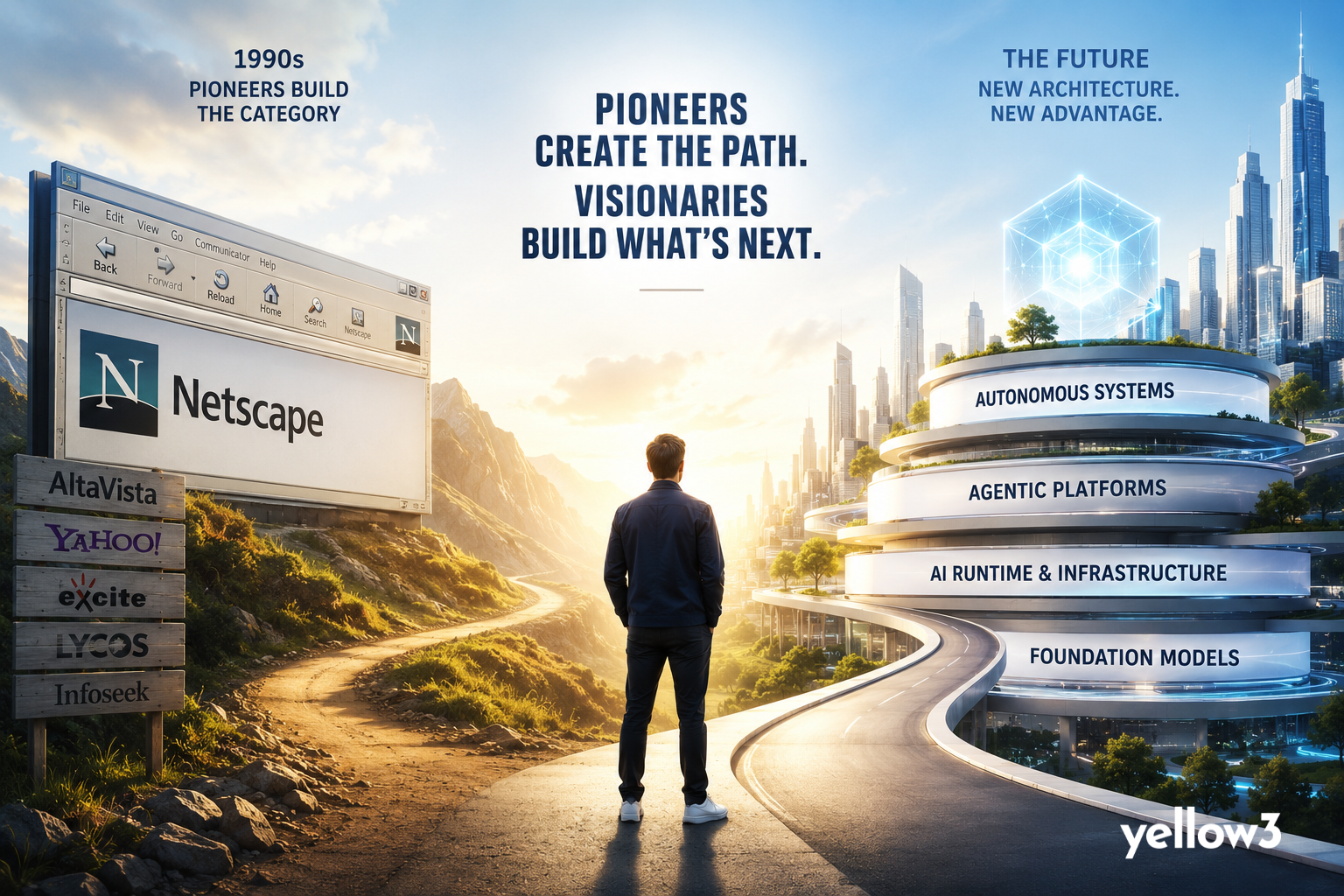 A bright cinematic illustration showing early internet pioneers like Netscape, AltaVista, Yahoo, Excite, Lycos, and Infoseek on one side, facing a futuristic AI city built on autonomous systems, agentic platforms, AI runtime infrastructure, and foundation models.
