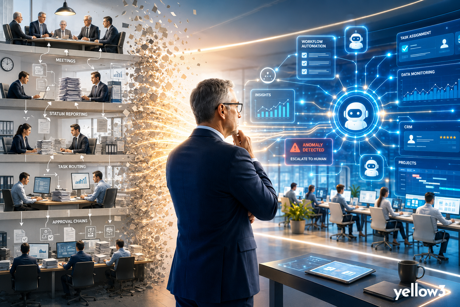 Autonomous agents transform a traditional middle-management hierarchy into a streamlined AI-driven organisation, with a human leader overseeing workflows, insights, task routing, and escalations.